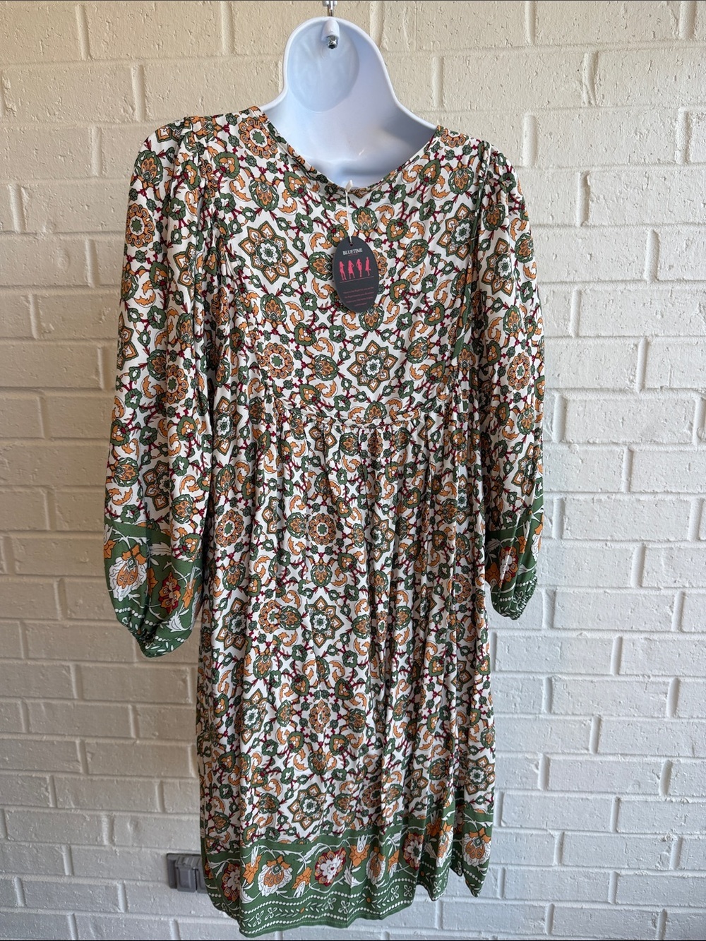 Bluetime Boho Casual/Dressy 3/4 sleeve Pleated Yoke /V neck Dress Size Small New - Picture 3 of 16